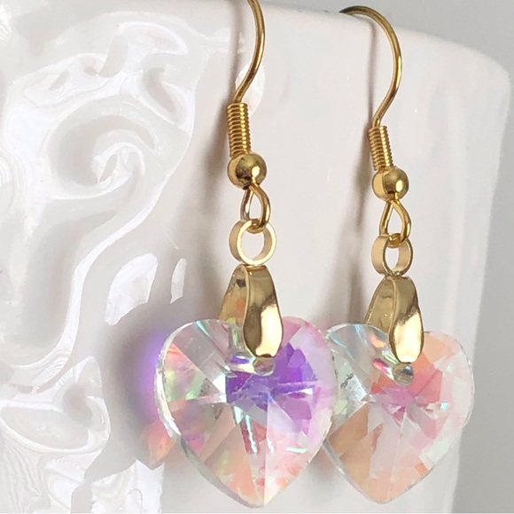 New Crystal AB Dangling Drop Heart Earrings 18K Gold Plated Hooks Handmade Gift - Picture 4 of 5